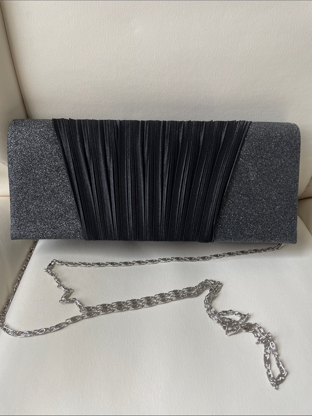 Elegant Black Glitter & Pleated Evening Clutch with Chain